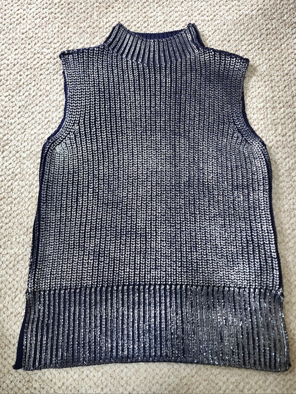 Pilcro Anthropologie Sleeveless Blue Silver Metallic Knit Mock Neck Top S